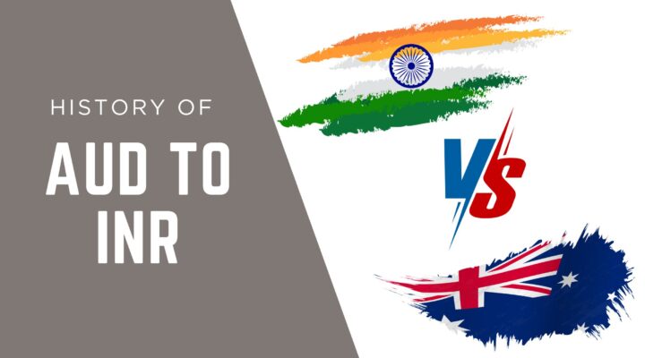 Infographic showing the history of AUD to INR with Indian and Australian flags
