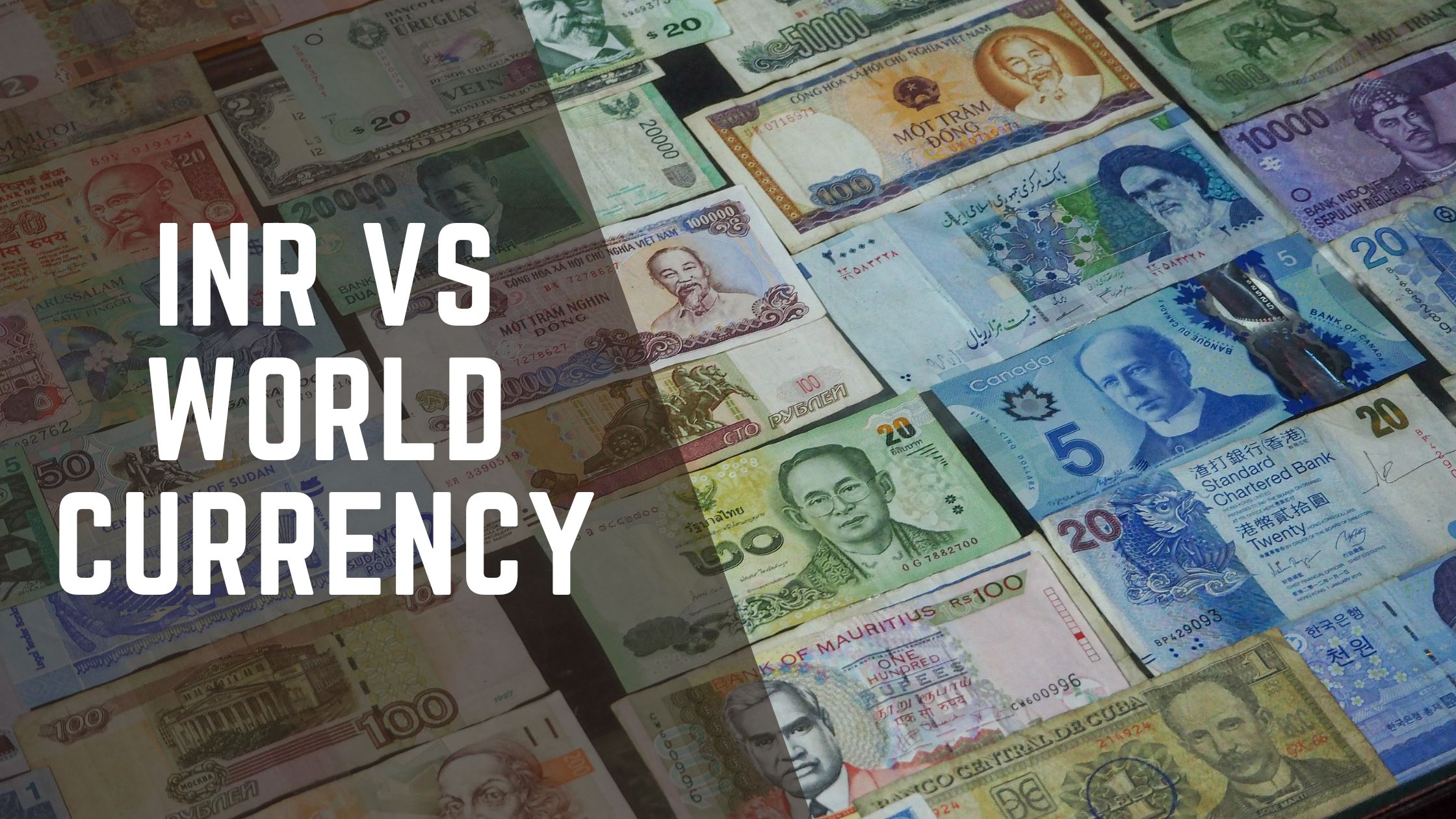 A collage of international banknotes with text overlay "INR vs World Currency"